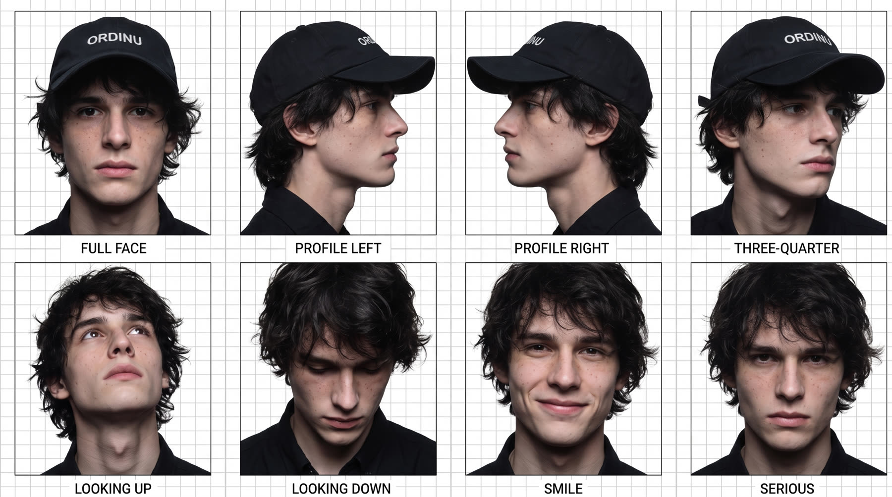 모델 시트 — 각도·표정 8장